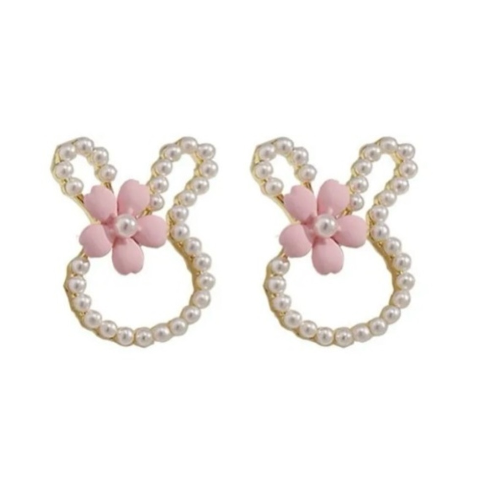 Bunny Pearl Flower Cute Stud Earrings - Picture 2 of 5